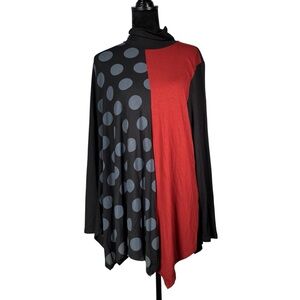 Alembika Polka Dot Top Red Gray Black Colorblock Asymmetrical Loose Swing Tunic